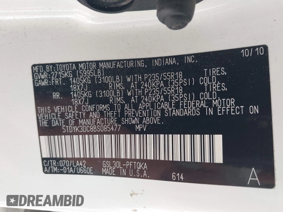 2011 Toyota Sienna XLE AAS with VIN 5TDYK3DC8BS085477, listed as a IAAI auction lot 41934541 with 131,768 mi miles and . Bid and sale history available at DreamBid. Image 9.