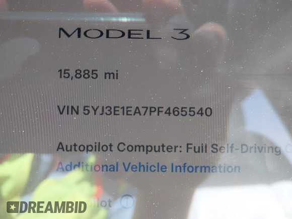 2023 Tesla Model 3 z VIN 5YJ3E1EA7PF465540, wystawiony jako IAAI lot #42261848 z przebiegiem 15 885 mil mil oraz . Historia ofert i sprzedaży dostępna na DreamBid. Obrazek 7.