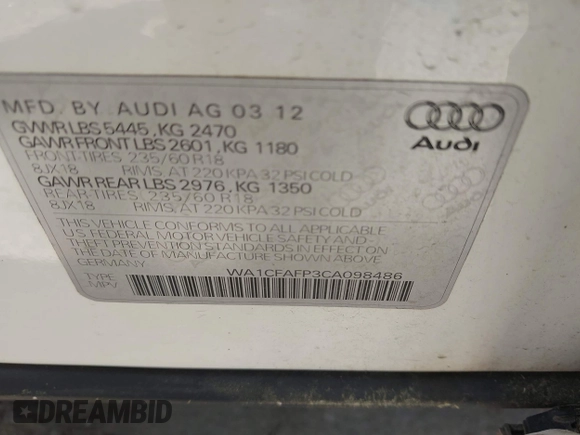 2012 Audi Q5 Premium with VIN WA1CFAFP3CA098486, listed as a IAAI auction lot 42544729 with 177,542 mi miles and . Bid and sale history available at DreamBid. Image 9.