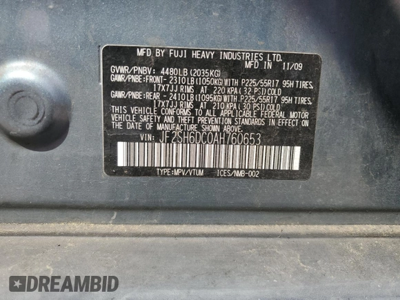 2010 Subaru Forester X Limited with VIN JF2SH6DC0AH760653, listed as a Copart auction lot 51472435 with 278,246 mi miles and Clean Title. Bid and sale history available at DreamBid. Image 12.