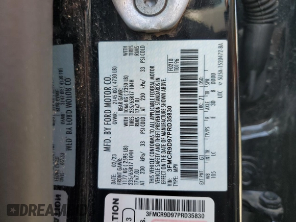 2023 Ford Bronco Sport Badlands z VIN 3FMCR9D97PRD35830, wystawiony jako Copart lot #56950865 z przebiegiem 7 401 mil mil oraz Szkoda całkowita • Salvage title. Historia ofert i sprzedaży dostępna na DreamBid. Obrazek 13.