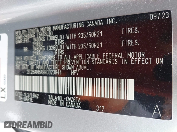 2024 Lexus RX 350 with VIN 2T2BAMBA9RC023844, listed as a IAAI auction lot 42376370 with 24,914 mi miles and . Bid and sale history available at DreamBid. Image 9.