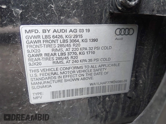 2019 Audi Q7 Premium Plus с VIN WA1LHAF77KD038525, выставлен на аукционе IAAI как лот 41736141 с пробегом 38 928 миль миль и . История ставок и продаж доступна на DreamBid. Изображение 9.