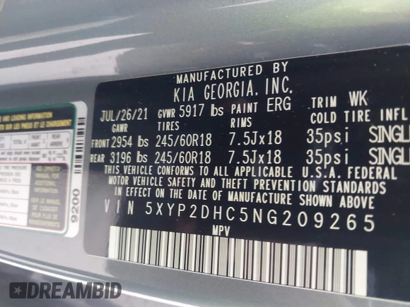 2022 Kia Telluride LX z VIN 5XYP2DHC5NG209265, wystawiony jako IAAI lot #42376957 z przebiegiem 51 615 mil mil oraz . Historia ofert i sprzedaży dostępna na DreamBid. Obrazek 9.