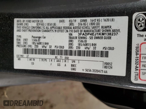 2019 Ford Fiesta SE with VIN 3FADP4EJ1KM138237, listed as a Copart auction lot 50094715 with 57,975 mi miles and Salvage Title. Bid and sale history available at DreamBid. Image 13.