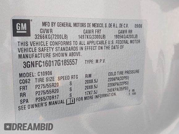 2007 Chevrolet Suburban LT with VIN 3GNFC16017G185557, listed as a IAAI auction lot 42487931 with 103,775 mi miles and . Bid and sale history available at DreamBid. Image 9.