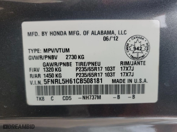 2012 Honda Odyssey EX-L with VIN 5FNRL5H61CB508181, listed as a Copart auction lot 52174205 with 203,763 mi miles and Salvage Title. Bid and sale history available at carsss.com. Image 14.
