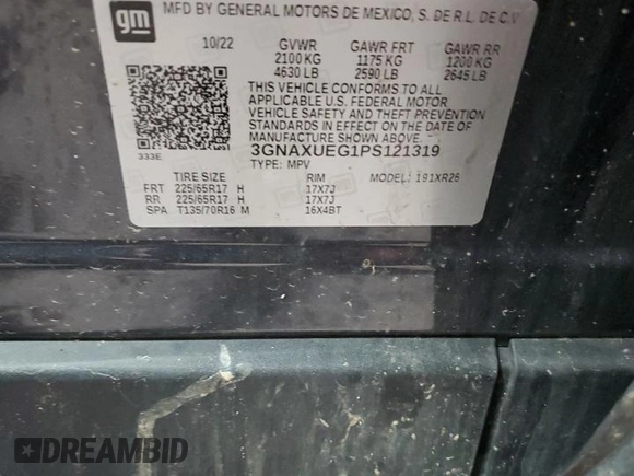 2023 Chevrolet Equinox LT with VIN 3GNAXUEG1PS121319, listed as a Copart auction lot 59525255 with 51,676 mi miles and Clean title. Bid and sale history available at DreamBid. Image 13.