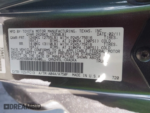 2011 Toyota Tacoma with VIN 5TFUU4EN9BX016306, listed as a IAAI auction lot 41371430 with 188,984 mi miles. Bid and sale history available at carsss.com. Image 9.