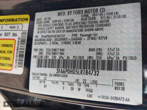 2020 Ford Fusion SE with VIN 3FA6P0HD5LR184732, listed as a IAAI auction lot 41555047 with 98,512 mi miles and . Bid and sale history available at DreamBid. Image 9.