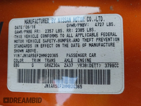 2017 Nissan GT-R Premium с VIN JN1AR5EF2HM820365, выставлен на аукционе IAAI как лот 41594390 с пробегом Не указан миль и . История ставок и продаж доступна на DreamBid. Изображение 9.