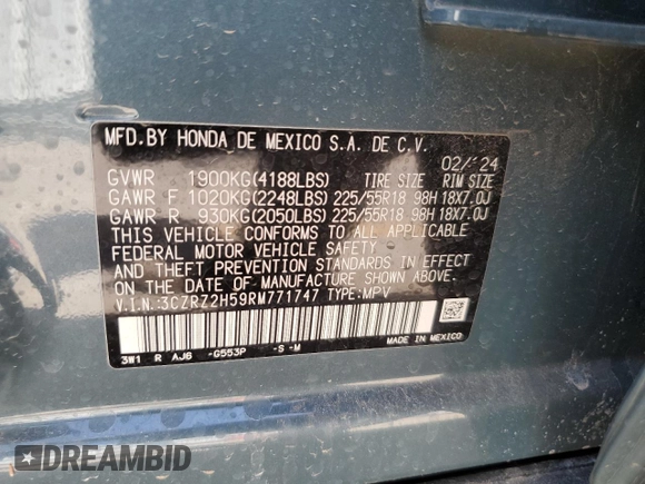 2024 Honda HR-V Sport z VIN 3CZRZ2H59RM771747, wystawiony jako Copart lot #52117755 z przebiegiem Nie podano mil oraz Szkoda całkowita • Salvage title. Historia ofert i sprzedaży dostępna na DreamBid. Obrazek 15.