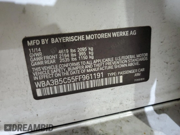 2015 BMW 3 Series 328i xDrive z VIN WBA3B5C55FF961191, wystawiony jako Copart lot #54799805 z przebiegiem 102 979 mil mil oraz Nie do naprawy • Non repairable. Historia ofert i sprzedaży dostępna na DreamBid. Obrazek 12.