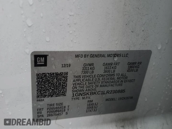 2020 Chevrolet Tahoe LT with VIN 1GNSKBKC1LR230885, listed as a Copart auction lot 46532275 with 103,900 mi miles and Salvage title. Bid and sale history available at DreamBid. Image 15.