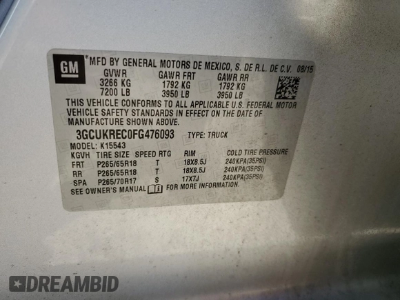 2015 Chevrolet Silverado 1500 LT with VIN 3GCUKREC0FG476093, listed as a Copart auction lot 48015305 with 132,092 mi miles and Salvage Title. Bid and sale history available at DreamBid. Image 13.