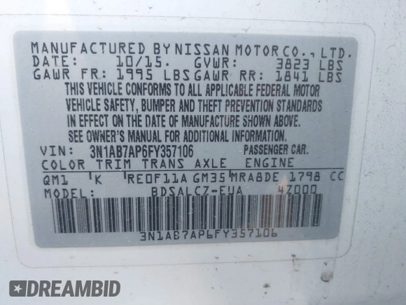 2015 Nissan Sentra S with VIN 3N1AB7AP6FY357106, listed as a IAAI auction lot 41773210 with 138,621 mi miles. Bid and sale history available at carsss.com. Image 9.
