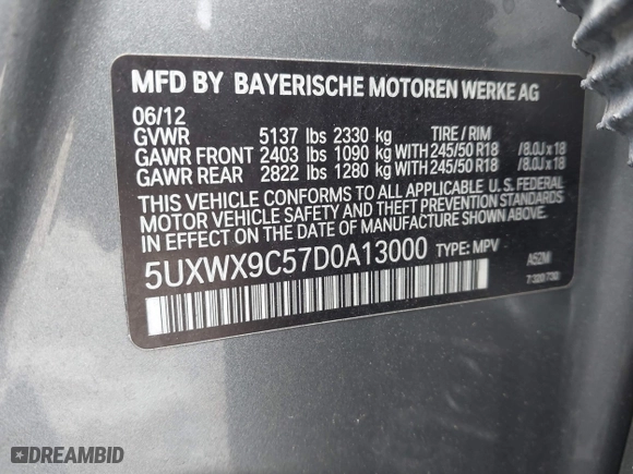 2013 BMW X3 xDrive28i with VIN 5UXWX9C57D0A13000, listed as a IAAI auction lot 41070011 with 126,246 mi miles. Bid and sale history available at carsss.com. Image 9.