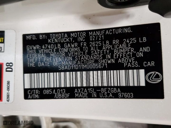 2021 Lexus ES with VIN 58AD11D11MU005671, listed as a Copart auction lot 51331365 with 74,097 mi miles and Salvage Title. Bid and sale history available at carsss.com. Image 12.