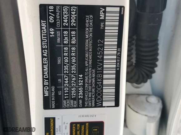 2019 Mercedes-Benz GLC with VIN WDC0G4KB1KV145212, listed as a Copart auction lot 49686965 with 53,538 mi miles and Salvage Title. Bid and sale history available at carsss.com. Image 13.