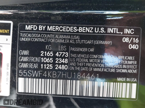 2017 Mercedes-Benz C 300 with VIN 55SWF4KB7HU184461, listed as a IAAI auction lot 41761593 with 55,161 mi miles and . Bid and sale history available at carsss.com. Image 9.