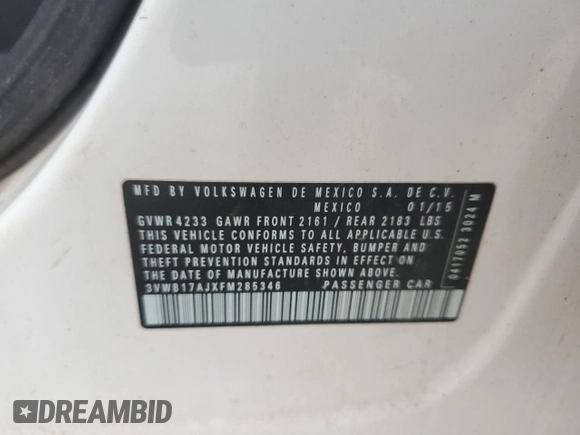 2015 Volkswagen Jetta Sport with VIN 3VWB17AJXFM285346, listed as a Copart auction lot 49756935 with 111,599 mi miles and Salvage title. Bid and sale history available at DreamBid. Image 12.