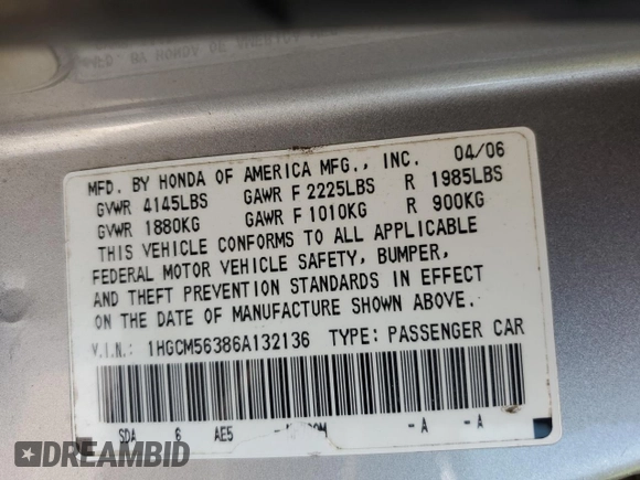 2006 Honda Accord LX SE с VIN 1HGCM56386A132136, выставлен на аукционе Copart как лот 57992695 с пробегом 177 394 миль миль и Списание • Salvage title. История ставок и продаж доступна на DreamBid. Изображение 12.
