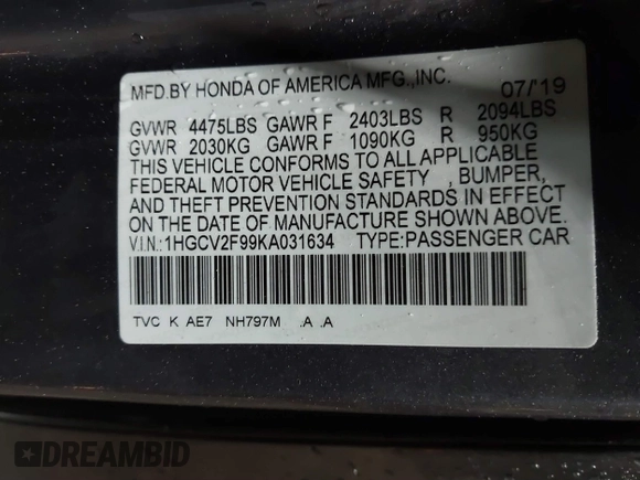 2019 Honda Accord Touring with VIN 1HGCV2F99KA031634, listed as a IAAI auction lot 41209019 with 74,965 mi miles and . Bid and sale history available at DreamBid. Image 9.