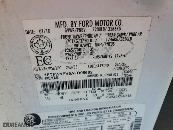 2010 Ford F-150 XL with VIN 1FTFW1EV6AFD05682, listed as a Copart auction lot 52823185 with 154,221 mi miles and Clean Title. Bid and sale history available at carsss.com. Image 12.