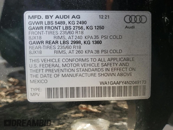 2022 Audi Q5 S line Premium with VIN WA1GAAFY4N2049173, listed as a Copart auction lot 83505184 with 0 mi miles and Salvage Title. Bid and sale history available at carsss.com. Image 13.