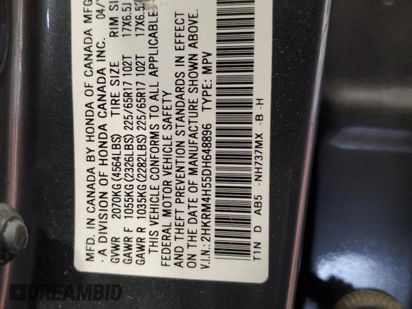 2013 Honda CR-V EX with VIN 2HKRM4H55DH648896, listed as a Copart auction lot 55533645 with 168,361 mi miles and Salvage Title. Bid and sale history available at DreamBid. Image 12.