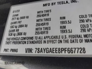 2023 Tesla Model Y Long Range with VIN 7SAYGAEE8PF667728, listed as a IAAI auction lot 41839771 with 32,654 mi miles and . Bid and sale history available at DreamBid. Image 9.