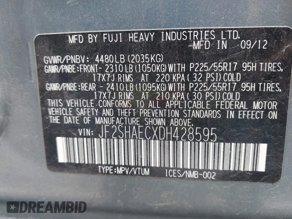2013 Subaru Forester X Limited with VIN JF2SHAECXDH428595, listed as a IAAI auction lot 42373233 with 135,860 mi miles and . Bid and sale history available at DreamBid. Image 9.