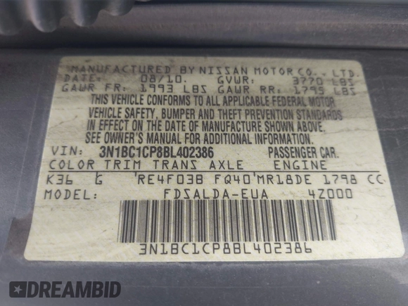2011 Nissan Versa S z VIN 3N1BC1CP8BL402386, wystawiony jako IAAI lot #42389550 z przebiegiem 159 600 mil mil oraz . Historia ofert i sprzedaży dostępna na DreamBid. Obrazek 9.