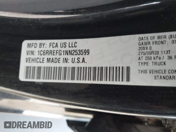 2022 Ram 1500 Lone Star with VIN 1C6RREFG1NN253599, listed as a IAAI auction lot 42065945 with 43,726 mi miles and . Bid and sale history available at DreamBid. Image 9.