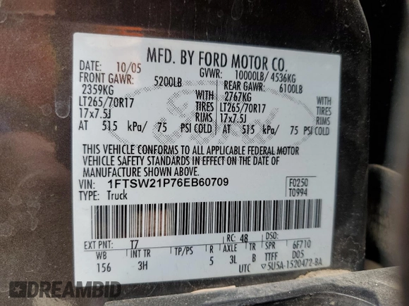 2006 Ford F-250 XL z VIN 1FTSW21P76EB60709, wystawiony jako Copart lot #62276565 z przebiegiem 241 373 mil mil oraz Szkoda całkowita • Salvage title. Historia ofert i sprzedaży dostępna na DreamBid. Obrazek 12.