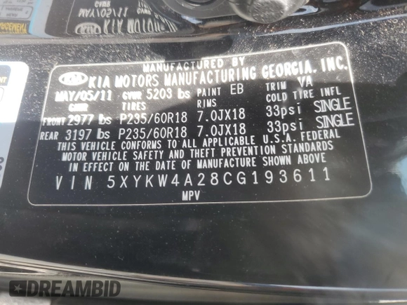 2012 Kia Sorento SX z VIN 5XYKW4A28CG193611, wystawiony jako Copart lot #57659935 z przebiegiem 203 349 mil mil oraz Szkoda całkowita • Salvage title. Historia ofert i sprzedaży dostępna na DreamBid. Obrazek 12.