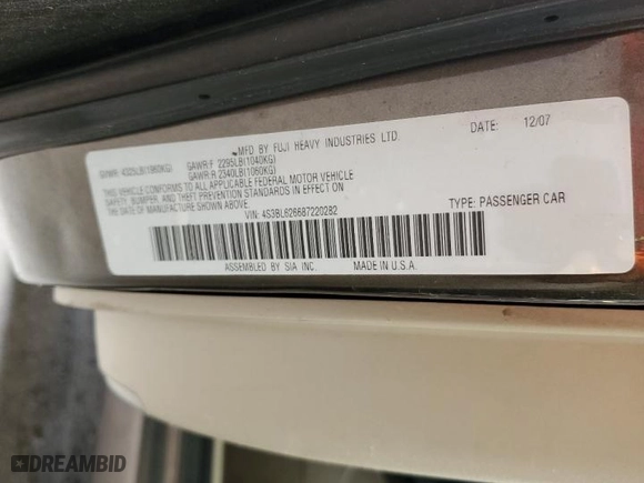 2008 Subaru Legacy (Natl) Ltd with VIN 4S3BL626687220282, listed as a Copart auction lot 76558994 with 154,424 mi miles and Salvage Title. Bid and sale history available at carsss.com. Image 12.