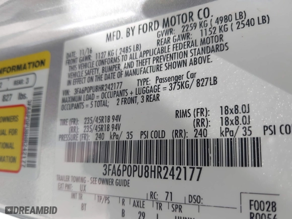 2017 Ford Fusion Energi SE with VIN 3FA6P0PU8HR242177, listed as a IAAI auction lot 42057898 with 119,435 mi miles. Bid and sale history available at carsss.com. Image 9.