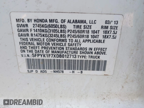 2013 Honda Ridgeline Sport with VIN 5FPYK1F7XDB012713, listed as a IAAI auction lot 42136997 with 158,631 mi miles. Bid and sale history available at carsss.com. Image 9.