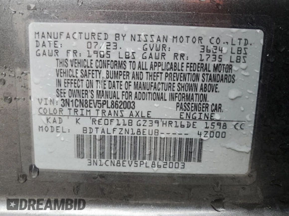2023 Nissan Versa SV z VIN 3N1CN8EV5PL862003, wystawiony jako Copart lot #60059595 z przebiegiem 35 896 mil mil oraz Czysty tytuł • Clean title. Historia ofert i sprzedaży dostępna na DreamBid. Obrazek 12.