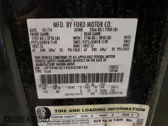 2014 Ford F-150 XL with VIN 1FTFW1ETXEKD39135, listed as a Copart auction lot 55070865 with 269,374 mi miles and Clean Title. Bid and sale history available at carsss.com. Image 12.