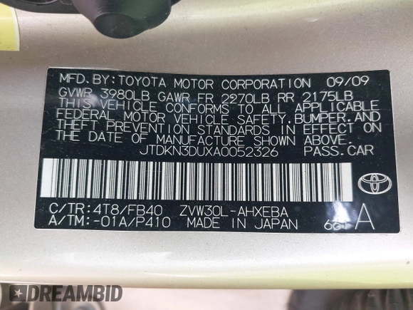 2010 Toyota Prius II with VIN JTDKN3DUXA0052326, listed as a IAAI auction lot 42030858 with 183,046 mi miles and . Bid and sale history available at carsss.com. Image 9.