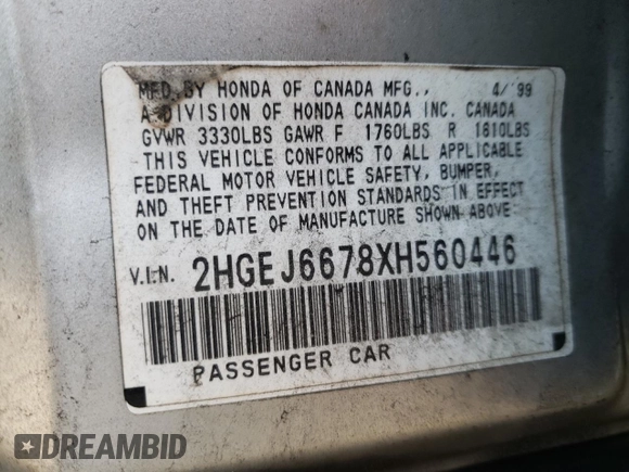 1999 Honda Civic LX with VIN 2HGEJ6678XH560446, listed as a Copart auction lot 56669794 with 197,100 mi miles and Non Repairable. Bid and sale history available at carsss.com. Image 12.