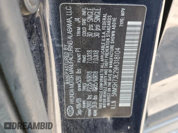 2009 Hyundai Santa Fe Limited with VIN 5NMSH73E29H318104, listed as a Copart auction lot 62495625 with 170,319 mi miles and Salvage title. Bid and sale history available at DreamBid. Image 12.