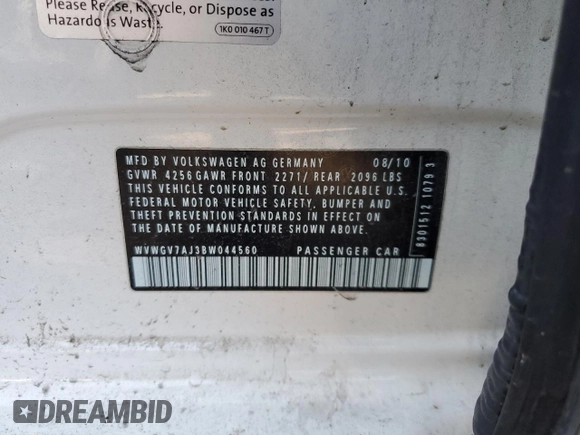 2011 Volkswagen GTI с VIN WVWGV7AJ3BW044560, выставлен на аукционе Copart как лот 89007585 с пробегом 107 158 миль миль и На запчасти • Non repairable. История ставок и продаж доступна на DreamBid. Изображение 12.
