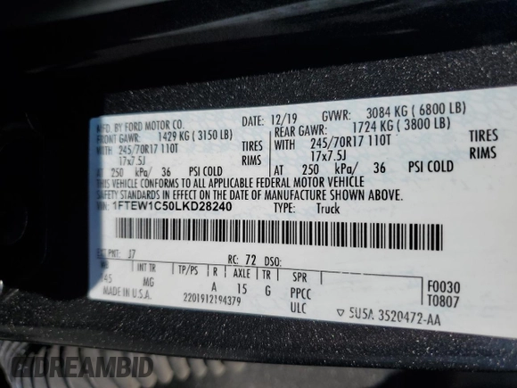2020 Ford F-150 XL with VIN 1FTEW1C50LKD28240, listed as a Copart auction lot 62553355 with 88,508 mi miles and Salvage title. Bid and sale history available at DreamBid. Image 13.