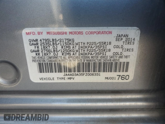 2015 Mitsubishi Outlander SE с VIN JA4AD3A35FZ006331, выставлен на аукционе Copart как лот 62083985 с пробегом 179 497 миль миль и Чистый • Clean title. История ставок и продаж доступна на DreamBid. Изображение 13.