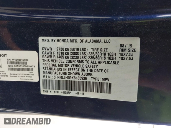 2019 Honda Odyssey EX с VIN 5FNRL6H59KB135936, выставлен на аукционе IAAI как лот 42155144 с пробегом 89 987 миль миль и . История ставок и продаж доступна на DreamBid. Изображение 9.