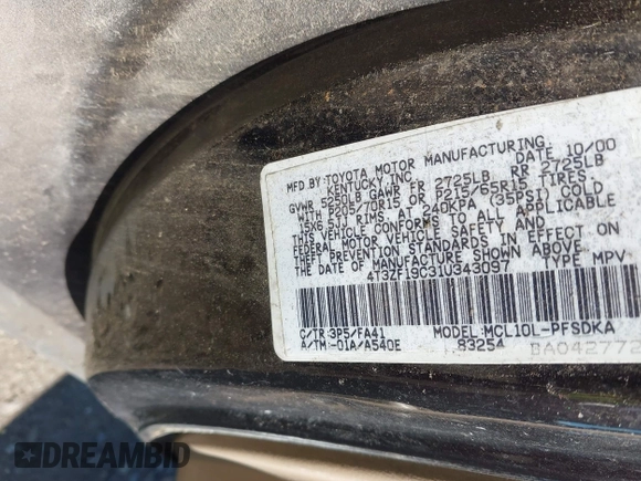 2001 Toyota Sienna CE with VIN 4T3ZF19C31U343097, listed as a IAAI auction lot 41911563 with Not Provided miles and . Bid and sale history available at DreamBid. Image 9.