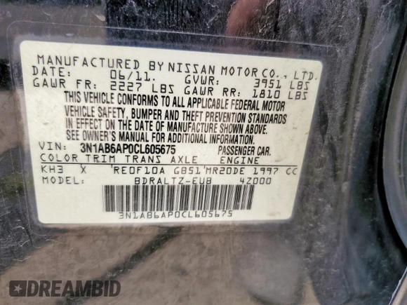 2012 Nissan Sentra 2.0 with VIN 3N1AB6AP0CL605675, listed as a Copart auction lot 60376875 with 180,938 mi miles and Salvage title. Bid and sale history available at DreamBid. Image 12.